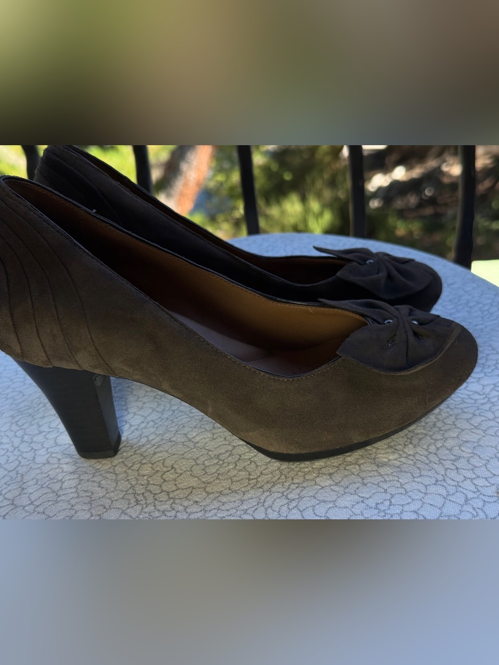 Clark’s pumps heels Brown Suede Mid-Heel cushioning bow bows comfort leather 7